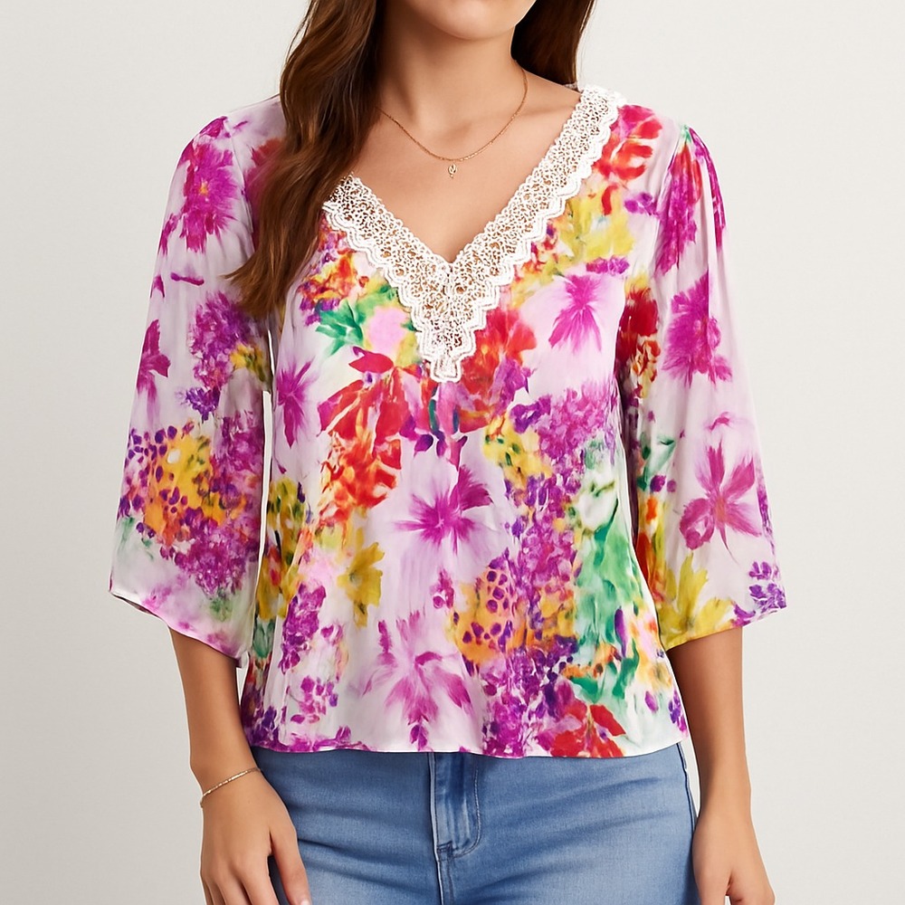 Mushka Sienna Rose Floral‎ Crochet Tunic Sheer V-Neck Blouse M Petite Boho Artsy